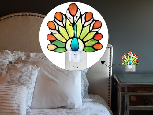 Image of Tiffany Stained Glass Peacock Night Light WKD1003 (Green、Orange) Tiffany Glass Night Light, Peacock Pattern, Stained