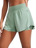 CRZ YOGA Damen Doppelschicht Laufshorts Hohe Taille 2 in 1 Kurze Hosen für Athletic Tennis Workout mit Reißverschlusstaschen - 8 cm Grüner Palmenhof 38
