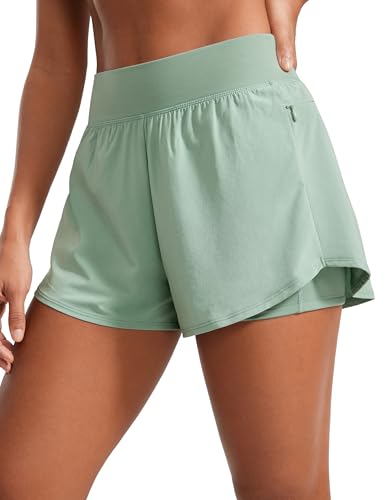 Image of CRZ YOGA 2 in 1 Double Layer Running Shorts for Women 3 inch - High Waisted for Athletic Tennis Workout with Zip Pockets