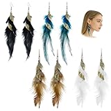AUGTYRLV Boucles d’Oreilles Bohèmes en Plumes – Lot de 4 Paires Légères et Élégantes pour Femmes (Noir, Blanc, Marron, Bleu)
