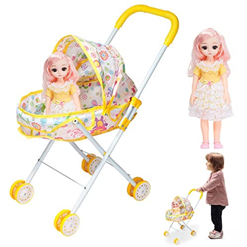 Boneca com Carrinho | Carrinho de boneca realista dobrável fingir jogo | Carrinho de guarda-chuva co