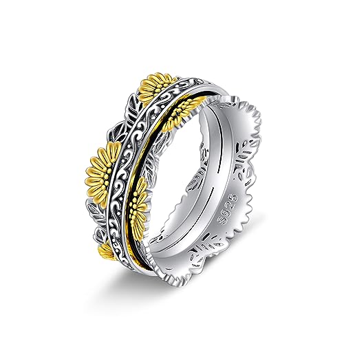 POPLYKE Sterling Silver Sunflower Anxiety Spinner Rings Sunflower Rotatable Fidget Mood Rings for Women Relieve Stress Jewellery Gift Size 8