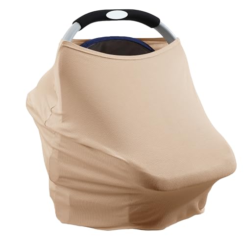 Image of Breathable Car Seat Cover for Babies – Multi-Purpose Soft Rayon Nursing Cover for Breastfeeding, High Stretchy Infant Carseat Canopy, Stroller Cover (Striped Textured Rayon, Striped Khaki)