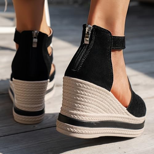 Sandales texturées à bout ouvert compensées avec sangle de cheville