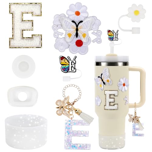 15Pcs Cup Accessories Set for Stanley Cup 30oz 40oz Tumbler with Handle, Including Silicone Straw Cover and Boot, Spill Proof Stopper, Stanley Charms, Handle Charm, Initials Sticker (Letter E, White)