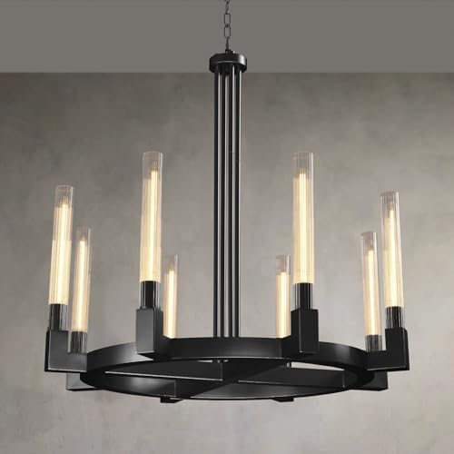 36'' Black Wagon Wheel Chandelier with Knurled Glass Shade,8-Lights Modern Copper Farmhouse Chandeliers for High Ceilings,Large Round Chandeliers for Dining Room,Living Room,Bedroom,Foyer,Entryway by PIOUTNF - Used condition - US$215.68
