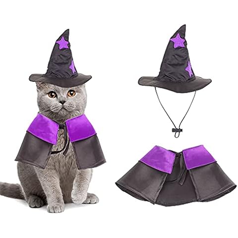 ADOGGYGO Halloween Katze Kostüm Lila Hexenumhang Zauberer Hut Katze Halloween Zubehör Haustier Kostüme Cover