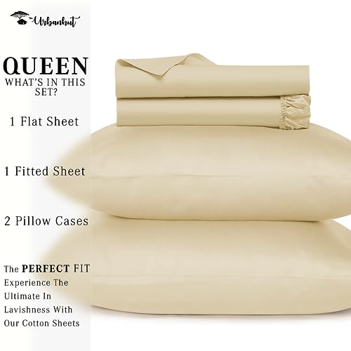 URBANHUT 800 Thread Count Egyptian Cotton Sheets Set Queen Size, Long Staple, Soft & Breathable, 4 Pc Bed Sheet Sets for Queen Size Bed, Luxury Hotel Sateen Sheets Fits 16" Deep Pocket - Sand