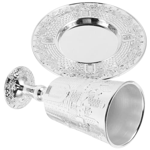 TOKIDNY Jerusalem Zinc Alloy Kiddush Cup with Saucer Set, Judaica Shabbos Wine Cup for Shabbat and Jewish Holidays, Holy Stemless Wine Goblet with Tray for Ritual Dining