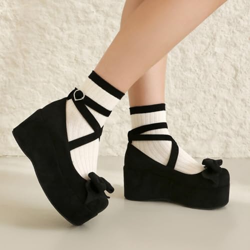Alyaafifa Cute Lolita Mary Jane Bow Pumps for Women Platform Wedges Closed Round Toe Ankle Strap High Heel Dress Shoes Comfortable Sweet Kawaii Cosplay Prom Party4