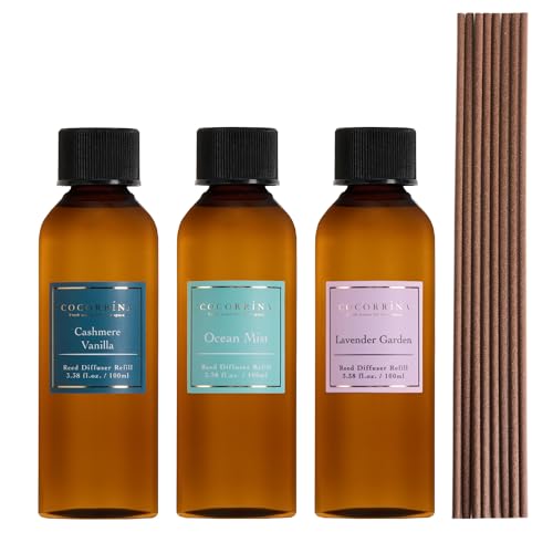Image of COCORRINA Reed Diffuser Refill Set, 10.2oz Scented Oil Refill 3 Pack, Cashmere Vanilla, Ocean Mist, Lavender Garden, Long Lasting Oil Diffuser Refill with 18 Sticks for Bathroom & Bedroom