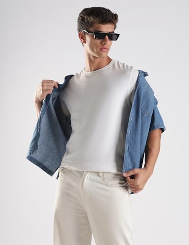 Image of INKD Men's Casual Denim Shirt - 100% Cotton | Half Sleeves | Oversized Fit | Single Patch Pocket | Resort Collar