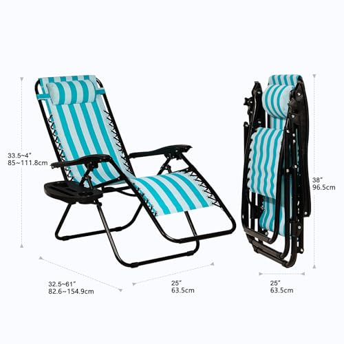 Nazhura Set of 2 Relaxing Recliners Patio Chairs Adjustable Steel Mesh Zero Gravity Lounge Chair Beach Chairs with Pillow and Cup Holder (Light Blue Stripe)