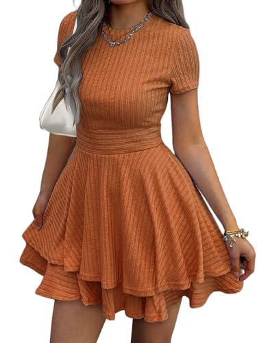 Image of Womens Summer Mini Dresses Short Sleeve Casual Crewneck Knitted Crochet Flowy Tiered Sundress