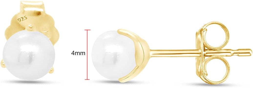 AFFY 4MM TO 6MM Round Cut White Freshwater Cultured Pearls Stud Earrings In 14K Gold Plated 925 Sterling Silver Jewelry For Women