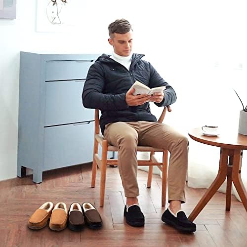 LULEX Men's Plush Micro Suede Moccasin Slippers Non-Skid House Shoes for Men Indoor/Outdoor Beige 10 M US