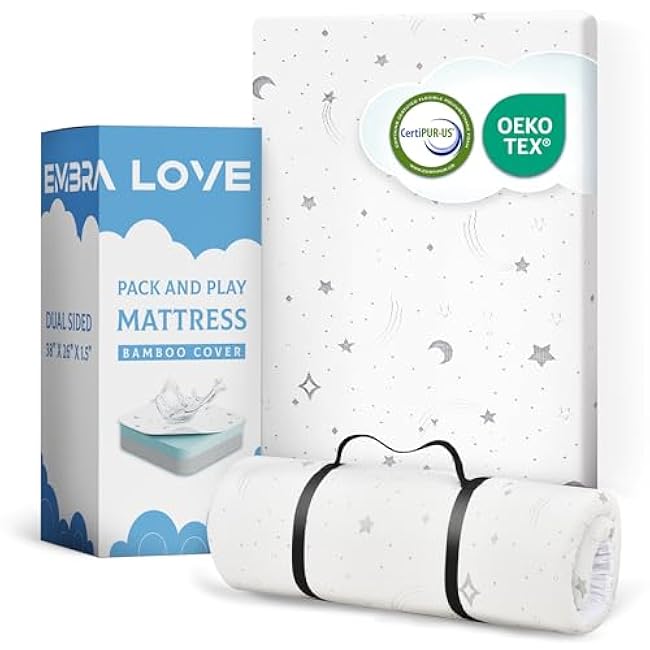 Pack n Play Mattresses(38x26x1.5) Bamboo Cover,Breathable,%100 Waterproof,Non-Toxic,Washable I Dual-Sided Gel Memory Foam I Toddler&Baby Pack and Play Mattress Pad Fits Playard&Playpen