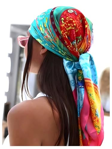Women's Satin Square Scarf Boho Graphic Shawls Wraps Headband Bandana3