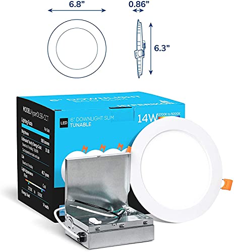 Hyperikon 6 Inch Led Recessed Lighting Selectable Color Temperature 5Cct 2700K-5000K, 14W Slim Downlight With Junction Box, Ul, Energy Star, 6 Pack #TOP1