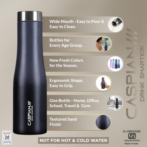 Image of CASPIAN / / / Aqua ISI Certified Stainless Steel Water Bottle 1ltr. (Graphite, 1 Litre, Set of 6) |Leak Proof Thunder for Fridge Home Office Travel School Kids Boys Girls Adults Sports Gym Yoga|BPA Free