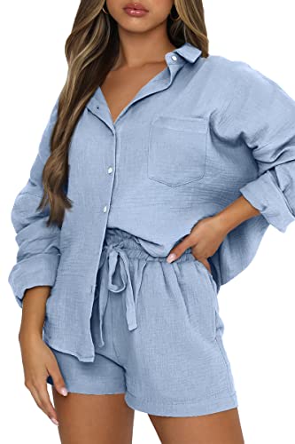 Image of Trendy Queen Two Piece Sets For Women Summer Short Sets | Matching Two Piece Pajama, Lounge Wear, Linen Set, Button-down Top with Matching Shorts, Perfect for Beach, Resort Wear