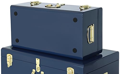 Vixdonos Decorative Large Metal Box Storage Trunk Chest Set of 2 College Dorm Organizer with Hardware Hasps and Handle for Home Deocr,23.7X14.2X9.5 Inches,Dark Blue