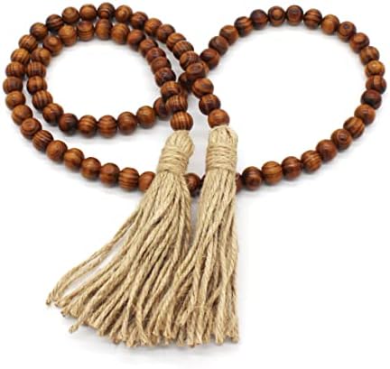 CVHOMEDECO. Wood Beads Garland with Tassels Farmhouse Rustic Wooden Prayer Bead String Wall Hanging Accent for Home Festival Decor. Natural