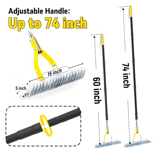 Thatch Rake for Lawn with 74inch Handle, 15 inch Dethatcher Rake for Grass to Cleaning Dead Grass, Efficient Steel Metal - Additional View