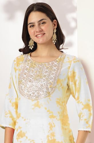 Image of Janasya Women's Yellow Silk Blend Tie & Dye Yoke Embroidered Straight Kurta Pant Set