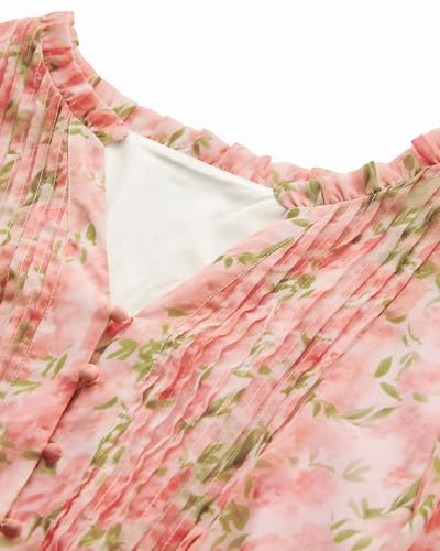 Image of Plus Size Pink Floral Dress for Curvy Women V Neck Short Sleeves High Waisted Boho Midi Dress with Pockets