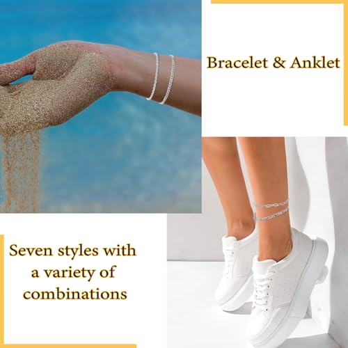 Image of Silver Ankle Bracelets for Women 8 inch+2 inch Adjustable Anklets Waterproof 925 Sterling Silver Cute Permanent Jewelry Sets Fashion Beach Accessories non Tarnish for Women Summer Stuff (7pcs)