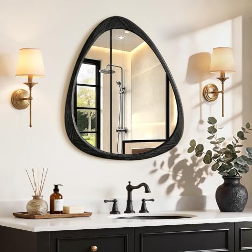 Image of Asymmetrical Mirror, 24 inchx19 inch Unique Irregular Wall Mirror, Wood Mid Century Modern Mirror Decor for Bathroom Bedroom Living Room Entryway Hallway (Black)