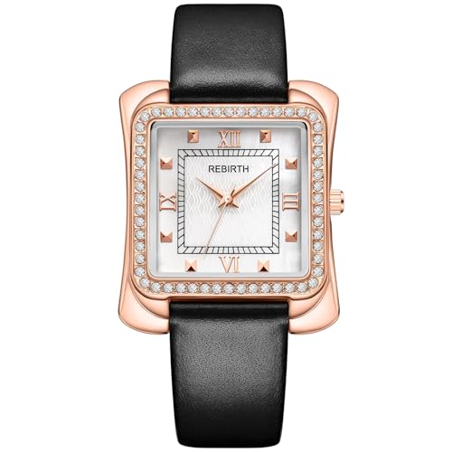 Dress Watch for Women Business Casual Square Ladies Quartz Watch with Genuine Leather Strap (X Black)