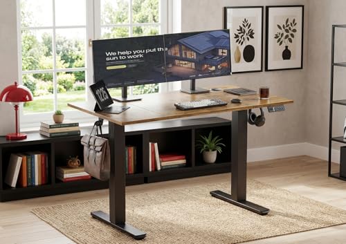 Image of YDN Electric Standing Desk Adjustable Height, 48 x 24 Inches Sit Stand up Desk with Memory Presets & Cable Management, Home Office Desk for Office & Computer Workstation, Black Frame /Rustic Brown Top