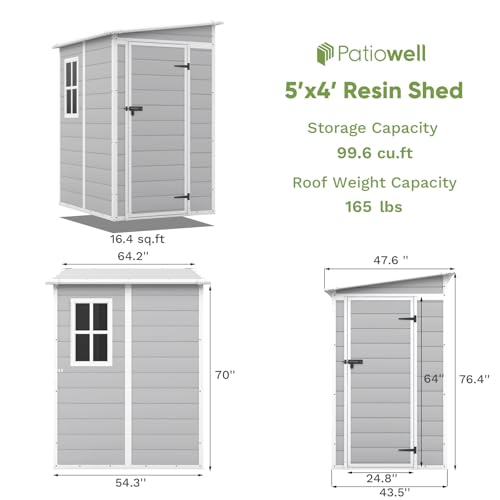 Image of Patiowell 5 x 4 FT Plastic Outdoor Storage Shed with Floor, Resin Outside Sheds with Window, Garden Tool Shed with Lockable Door for Patio Storage, Backyard, Light Gray