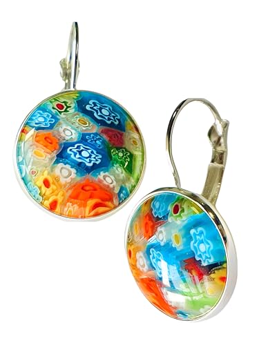 Murano Style Glass Earrings, Colorful Daisy Earrings, Handmade Multicolor Millefiori Glass Beads Leverback, Jewelry Gifts for Women Girls Birthday Christmas (Silver)