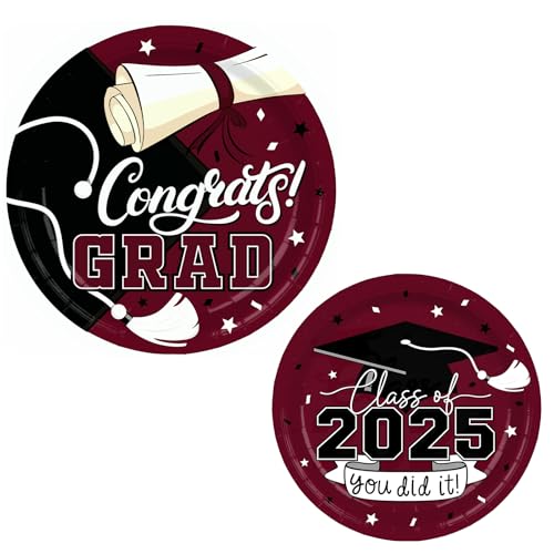 2025 Graduation Party Supplies Kit: Maroon -Themed Congrats Grad Decorations with Disposable Dinner & Dessert Plates, Napkins for 50 Guests - Graduation Party Decorations