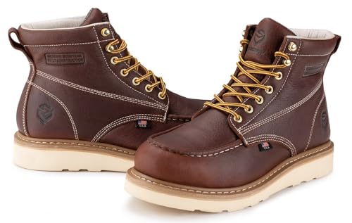 SUREWAY 6in Waterproof Wedge Moc Toe Work Boots for Men - Soft Toe,Premium Full-Grain Leather,Comfort Insole,Oil/Slip Resistant,Real Goodyear,EH Rated Industrial Construction Boots/Shoes DK BN4