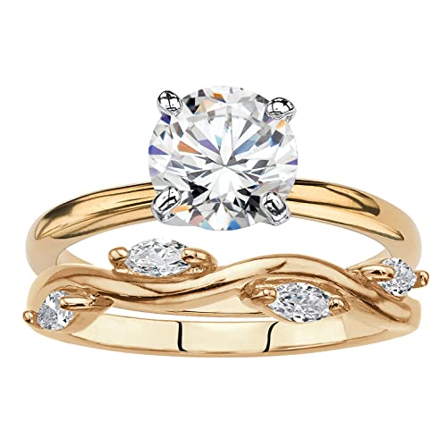 PalmBeach Yellow Gold-Plated Round Cubic Zirconia Solitaire Engagement and Vine Wedding Band Ring Set Sizes 6-10 Size 6
