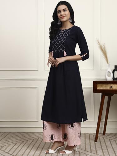 Image of idaLia Cotton Straight Kurta Set for Women with Palazzo 3 /4 Sleeve, Round Neck Designer Kurta with Palazzo Pant Set
