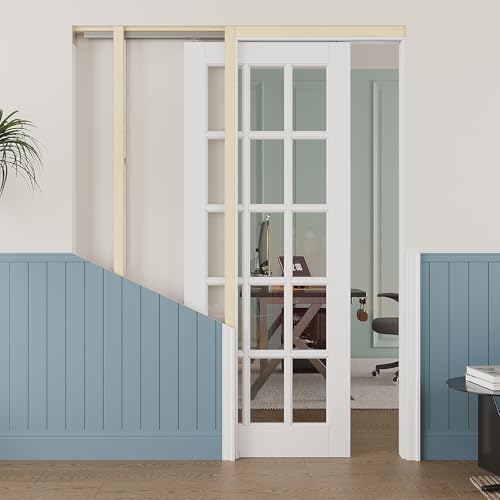Image of 32 inch x 80 inch 15-Lite Clear Glass Pocket Door, Soft-Close Sliding Pocket Door with Frame & Hardware Kit Set, Primed All-Inclusive Interior Door Slab for Home, White, Need to Assemble