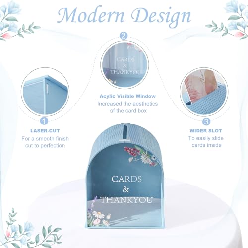CYAOOI Wooden Wedding Card Box with Acrylic Window, Blue Gift Card Box for Wedding Reception, Boho Wedding Money Envelope Card Box Holder for Birthday Party Baby Shower Decorations