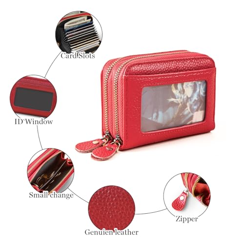 Rfid Blocking Zipper Genuine Leather Small Wallet with ID Window Credit Card holder for Women. (Red)3