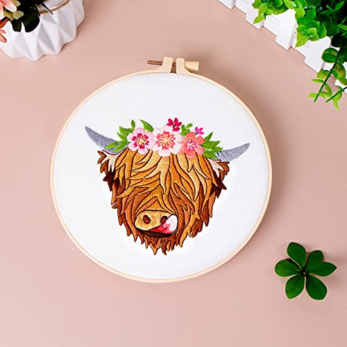Image of Louise Maelys Highland Cow Stamped Embroidery Kit Floral DIY Craft | Complete DIY Set for Home Crafting or Gifting. Cross Stitch Kits for Adults with Highland Cow Design and Needlepoint Kit