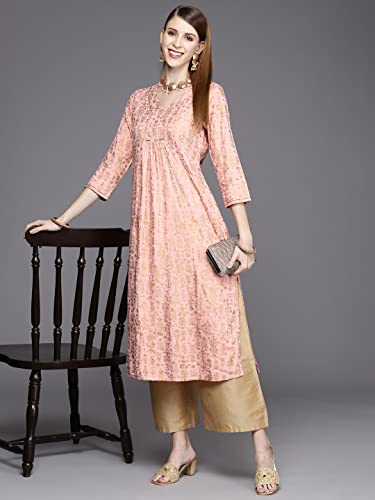 Image of Varanga women peach straight kurta with gold print