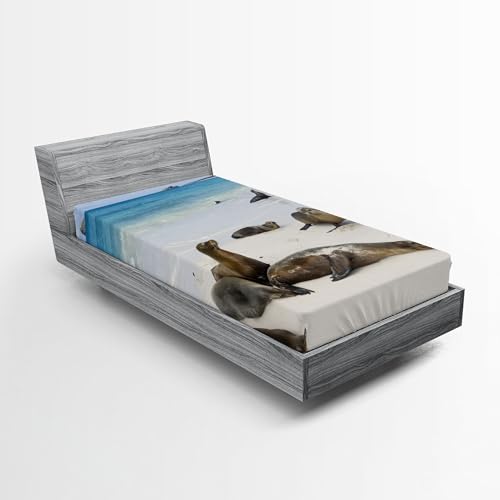 Ambesonne Ecuador 2 Pack Fitted Sheet, Galapagos Island Sea Lions, Bed Cover All-Round Elastic Deep Pockets 2 Pieces, Package Contains 2 Twin Size Fitted Sheets, Purple Pink