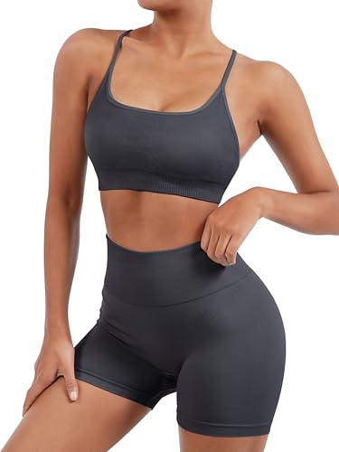 Image of SUUKSESS Women Seamless Workout Sets Strappy Sports Bra High Waist Booty Shorts Outfits