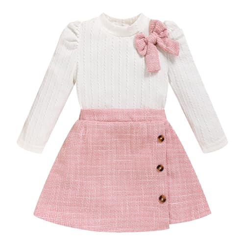 Toddler Girl Plaid Outfits Fall Winter Dress Knit Ribbed Bow Sweatshirt Tops and Button Fashion Skirts Set（White+Pink,5T