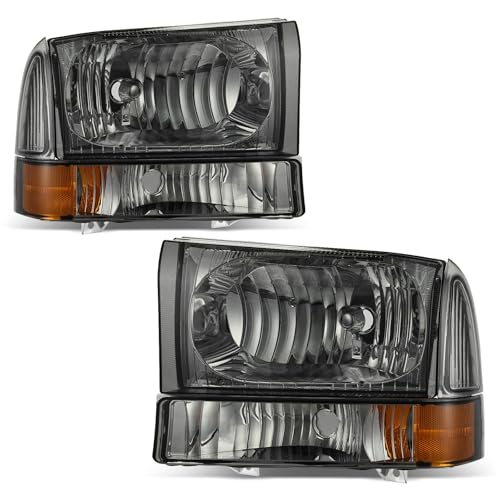 AUTOSAVER88 Headlight Assembly kit Compatible with 1999-2004 Ford F250 F350 F450 F550 Super Duty/2000-2004 Excursion Headlamp Replacement Smoky Lens Chrome Housing Amber Reflector
