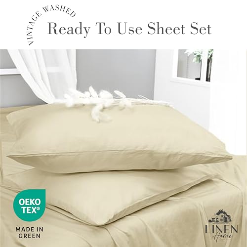 Image of Linen Home Washed Cotton Percale Twin Sheet Set, Ivory, Preshrunk, 3 Pieces Sets - 1 Flat, 1 Deep Pocket Fitted Sheet & 1 Envelope Closure Pillowcase, Soft, Cool and Comfortable Bed Linen